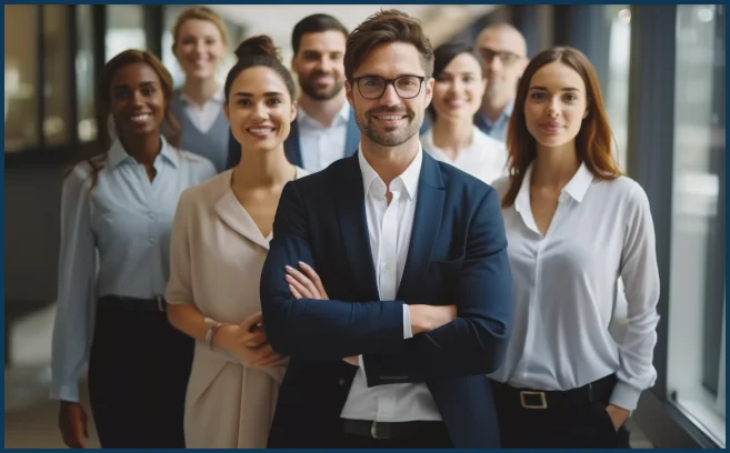 Imagem de um ambiente de trabalho descontraído, com um chefe sorridente à frente. Ele está usando óculos e tem os braços cruzados, demonstrando uma atitude de confiança. Atrás dele, um grupo de funcionários também está sorridente e parece estar aproveitando o momento. Todos estão visivelmente felizes e engajados.
